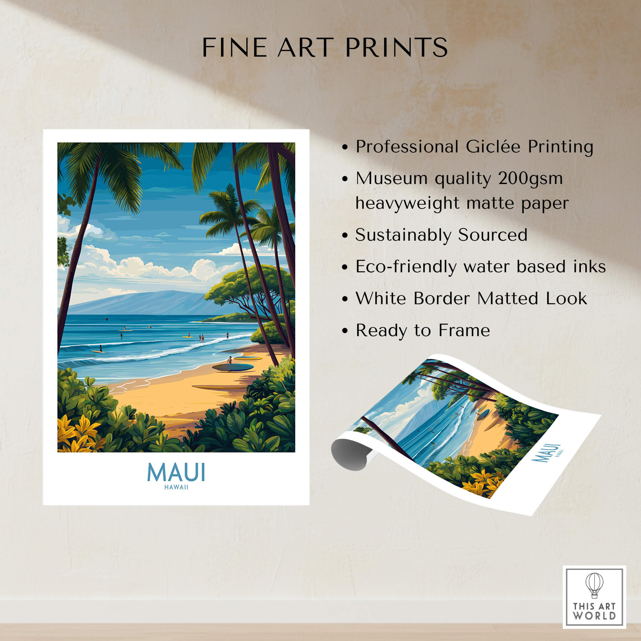 Maui Canvas Print | Hawaii Tropical Palm Trees & Waves Poster showcasing tropical scenery and professional Giclée printing.