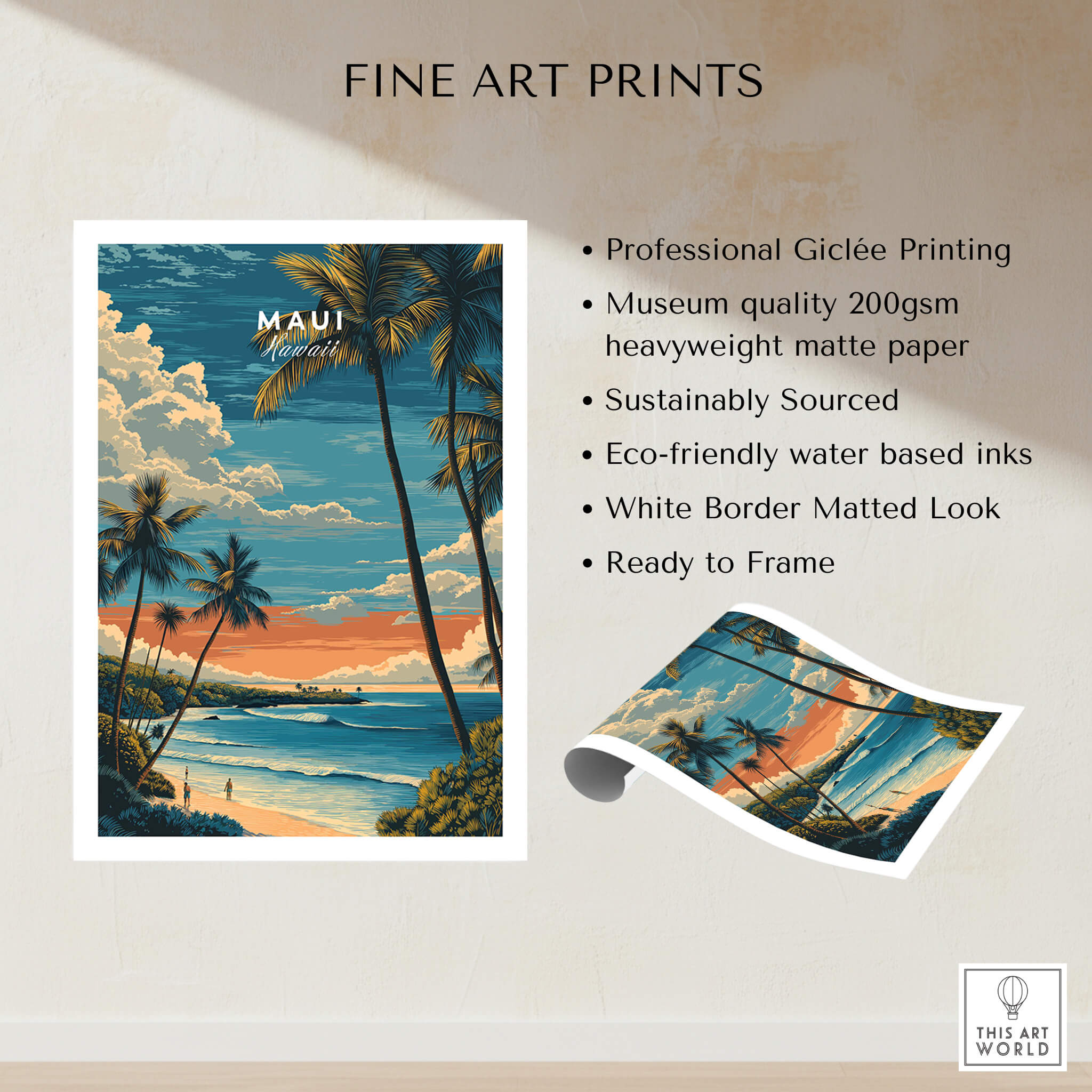 Maui  Wall Art Print | Hawaii Evening Coastal Landscape Travel Poster showcasing professional Giclée printing and eco-friendly inks.