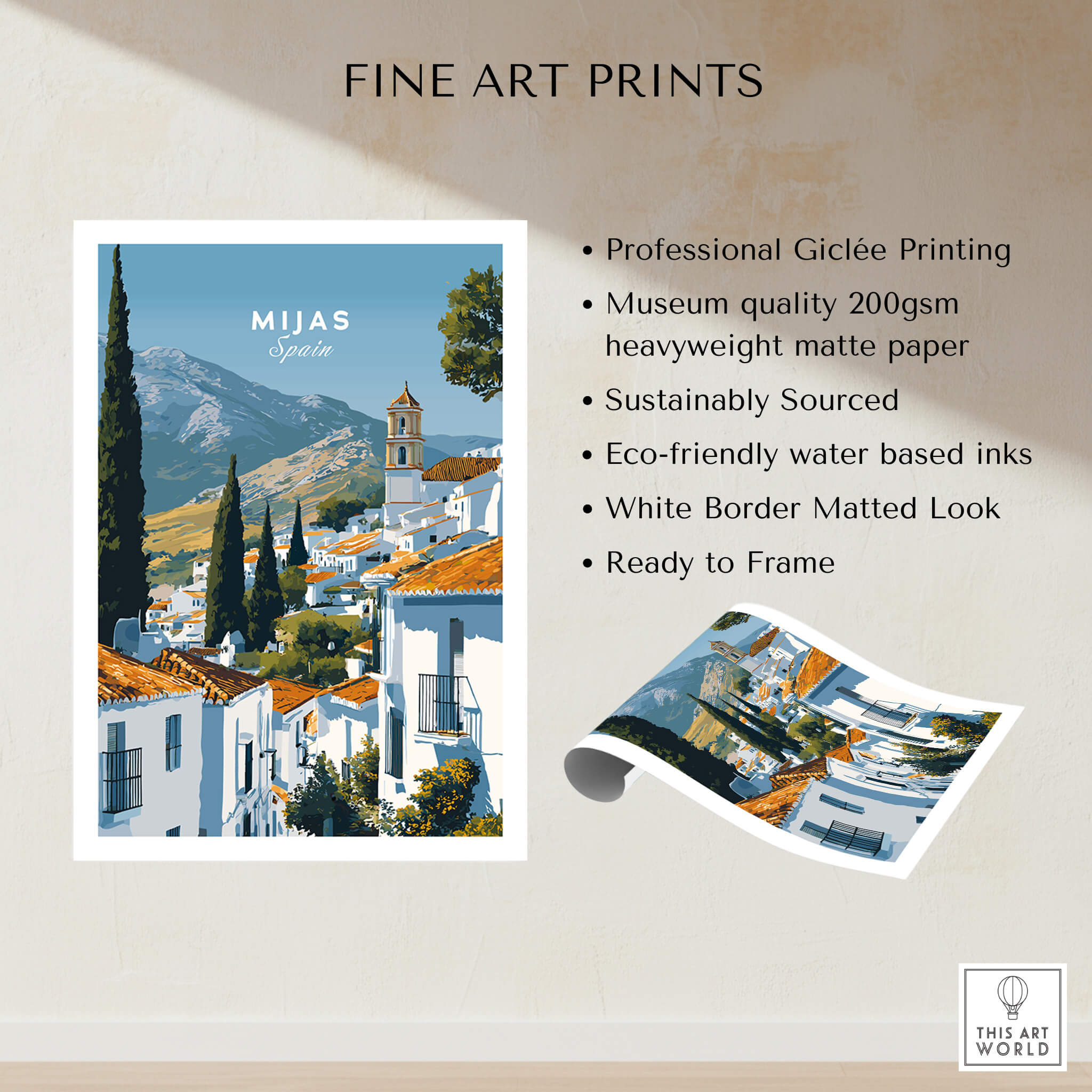 Mijas Spain Wall Art Print | Andalusian White Village Travel Poster showcasing scenic architecture and mountains.