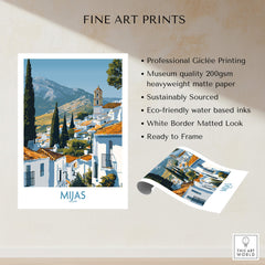 Mijas Spain Poster | Scenic Mountain Town Landscape Canvas Print showcasing vibrant whitewashed buildings and stunning mountains.