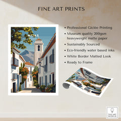 Mijas Spain Travel Poster | Traditional White Street Wall Art Print showcasing vibrant streets and buildings in Andalusia.