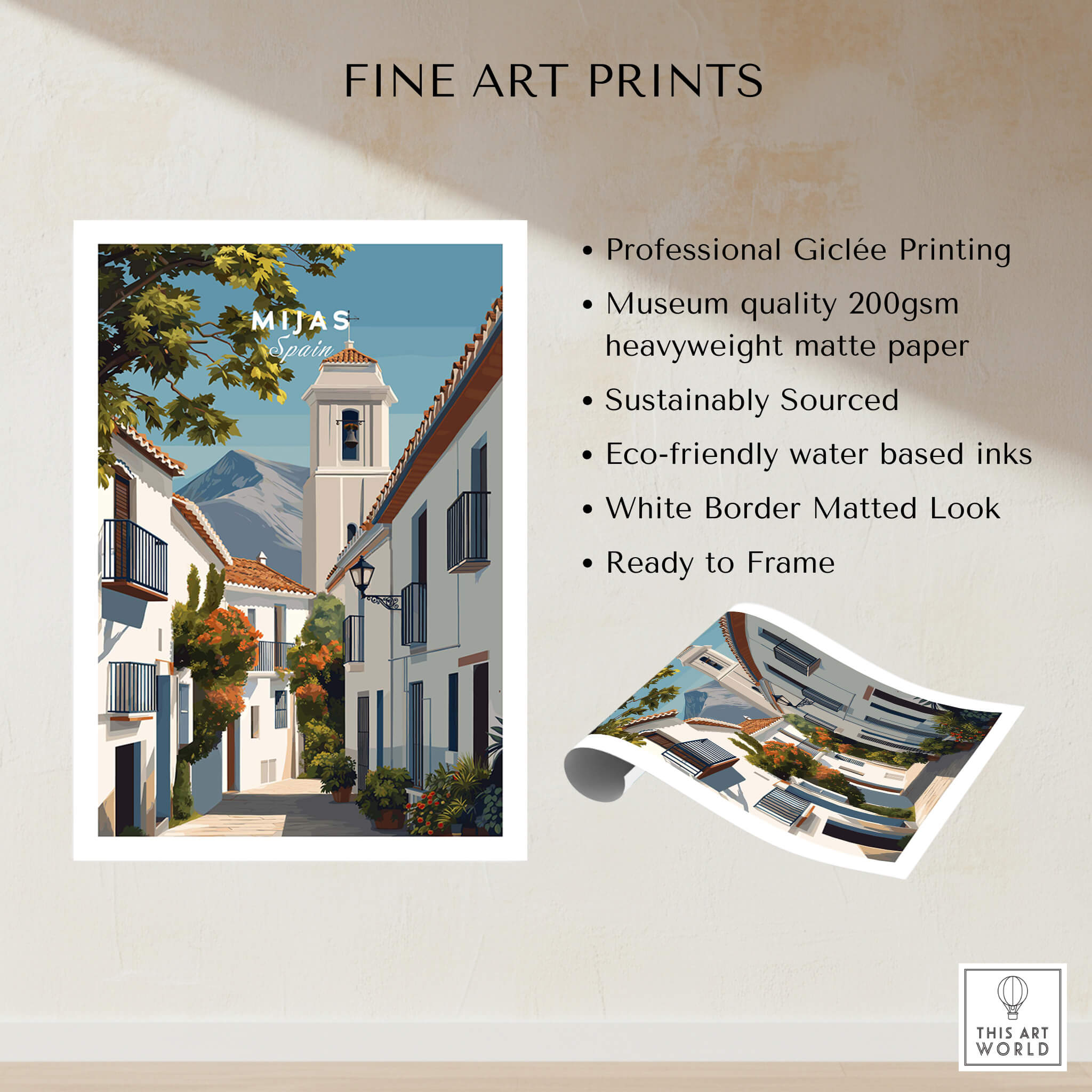 Mijas Spain Travel Poster | Traditional White Street Wall Art Print showcasing vibrant streets and buildings in Andalusia.
