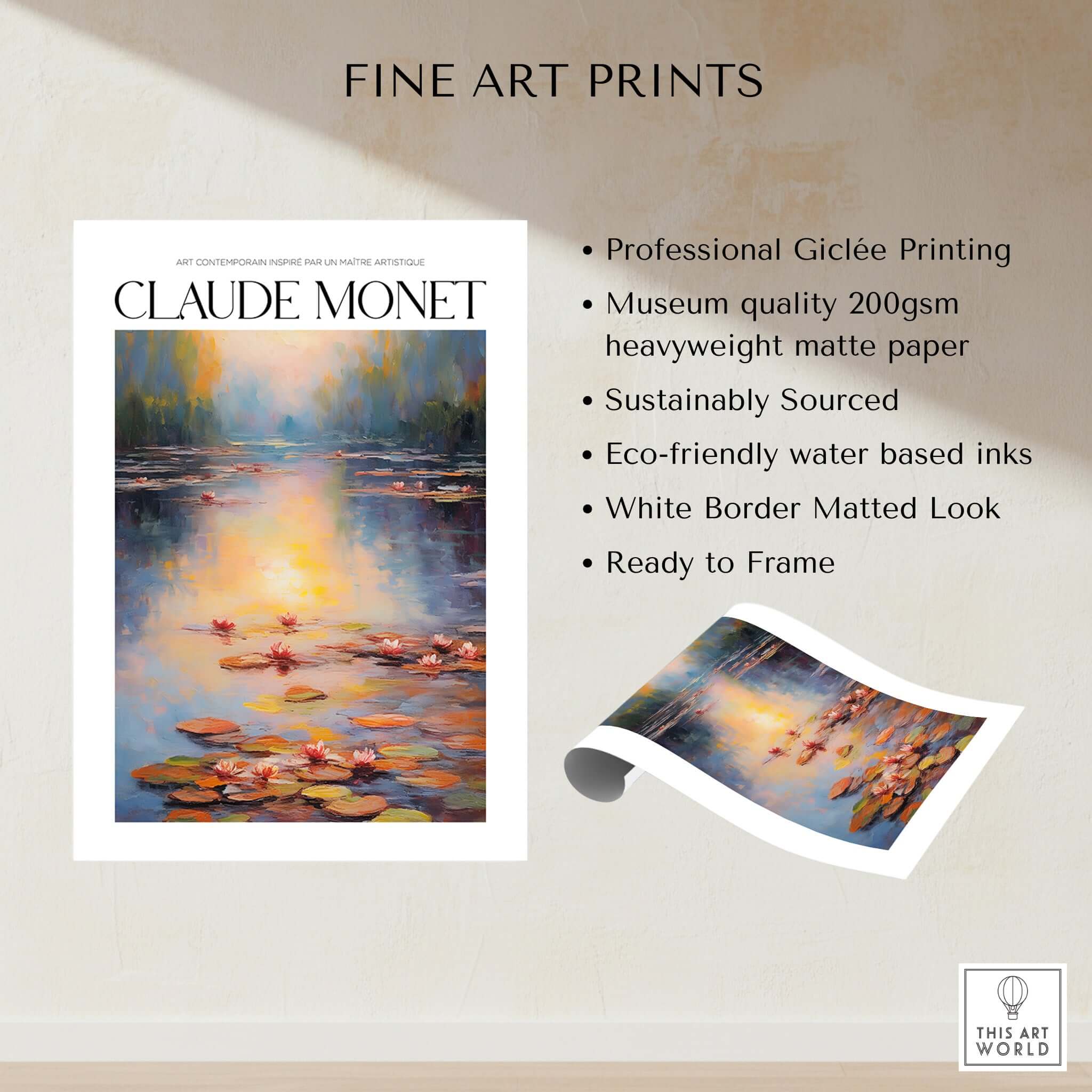 Claude Monet Wall Art Print - Vintage Home Decor Poster Impressionist Artwork showcases water lilies and serene pond reflection.