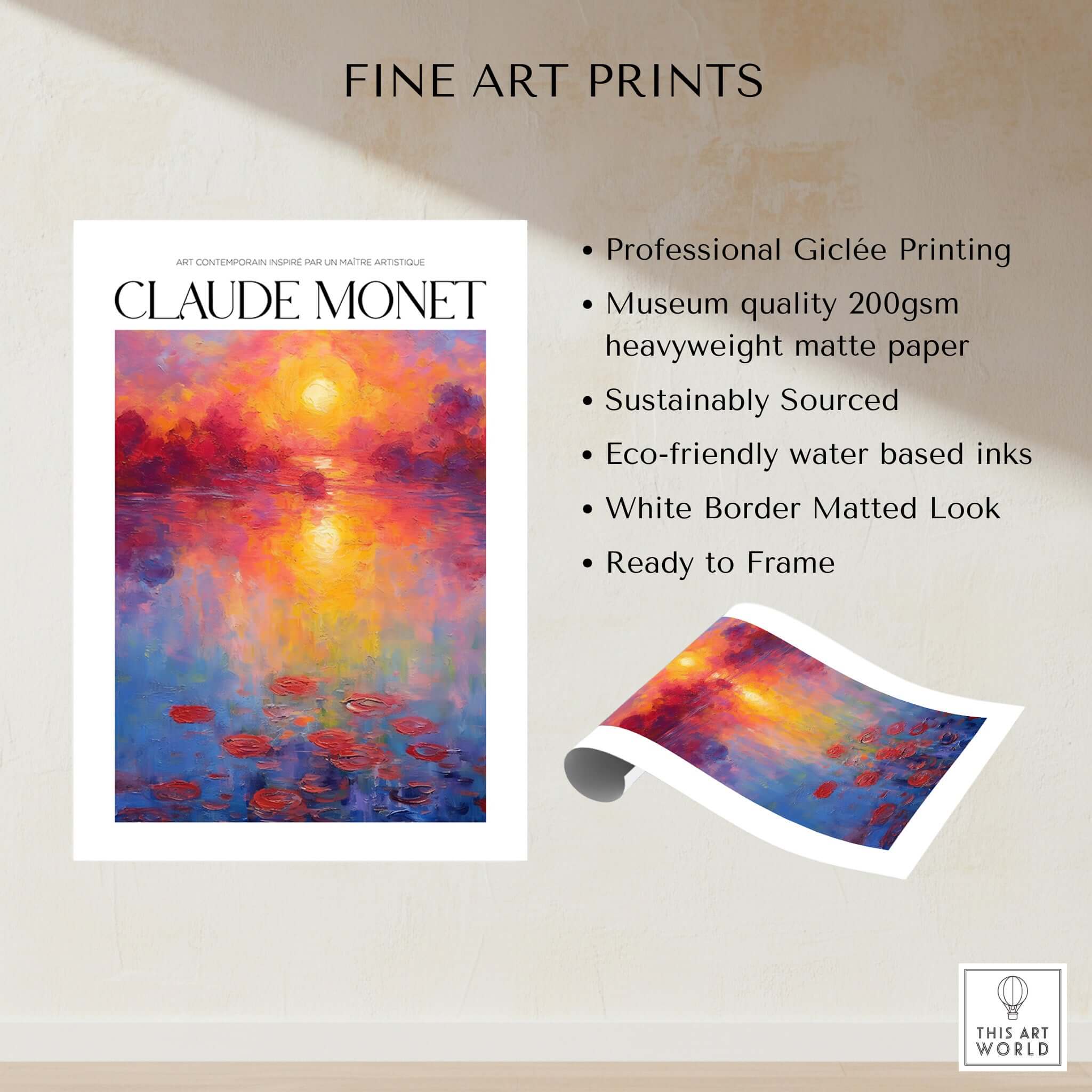 Claude Monet Vibrant Sunset Water Lilies Wall Art - Lake Reflection Print showcasing professional Giclée printing and museum quality.
