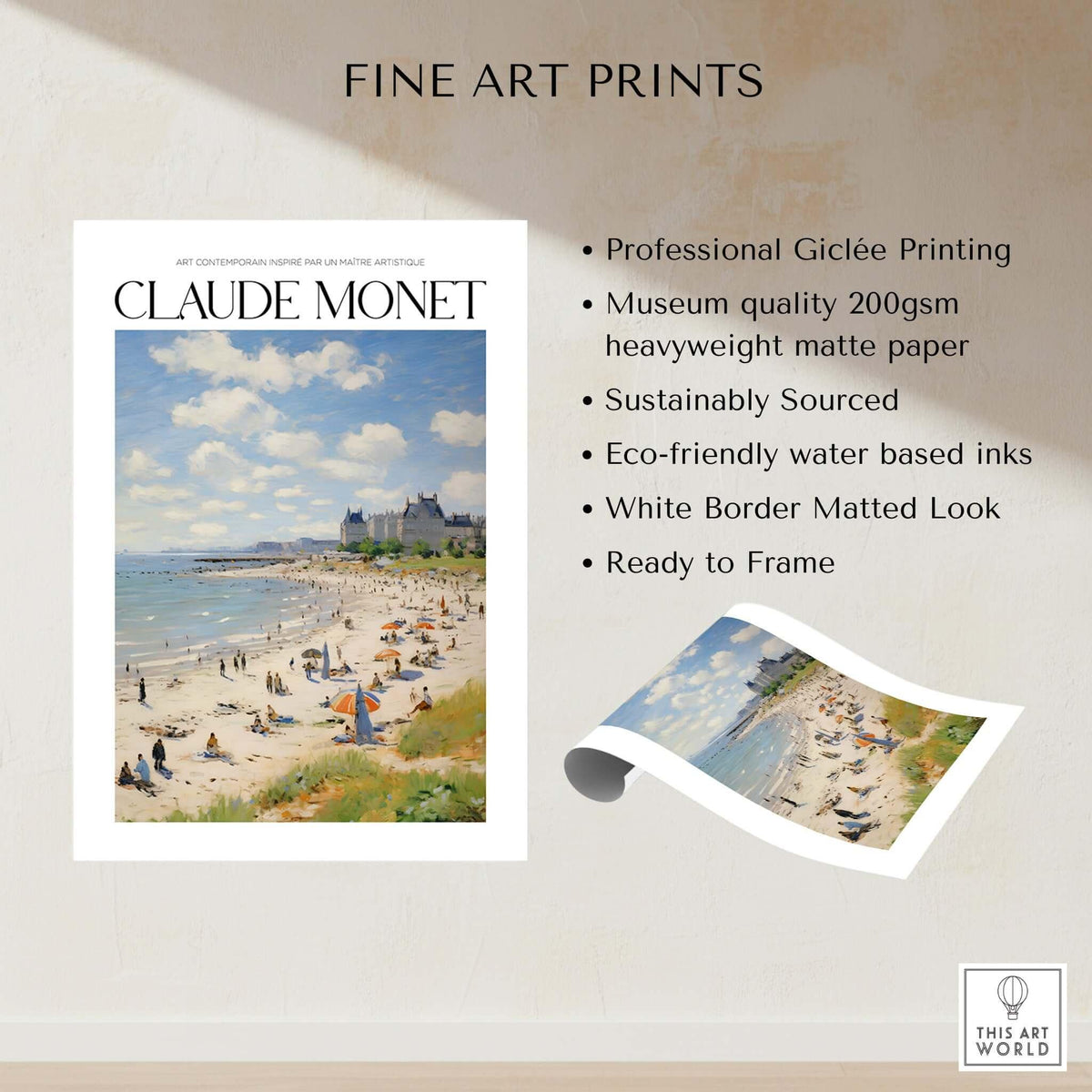 Claude Monet Sunny Beach Day Wall Art - Coastal Resort Scene Print featuring a vibrant seaside beach scene.