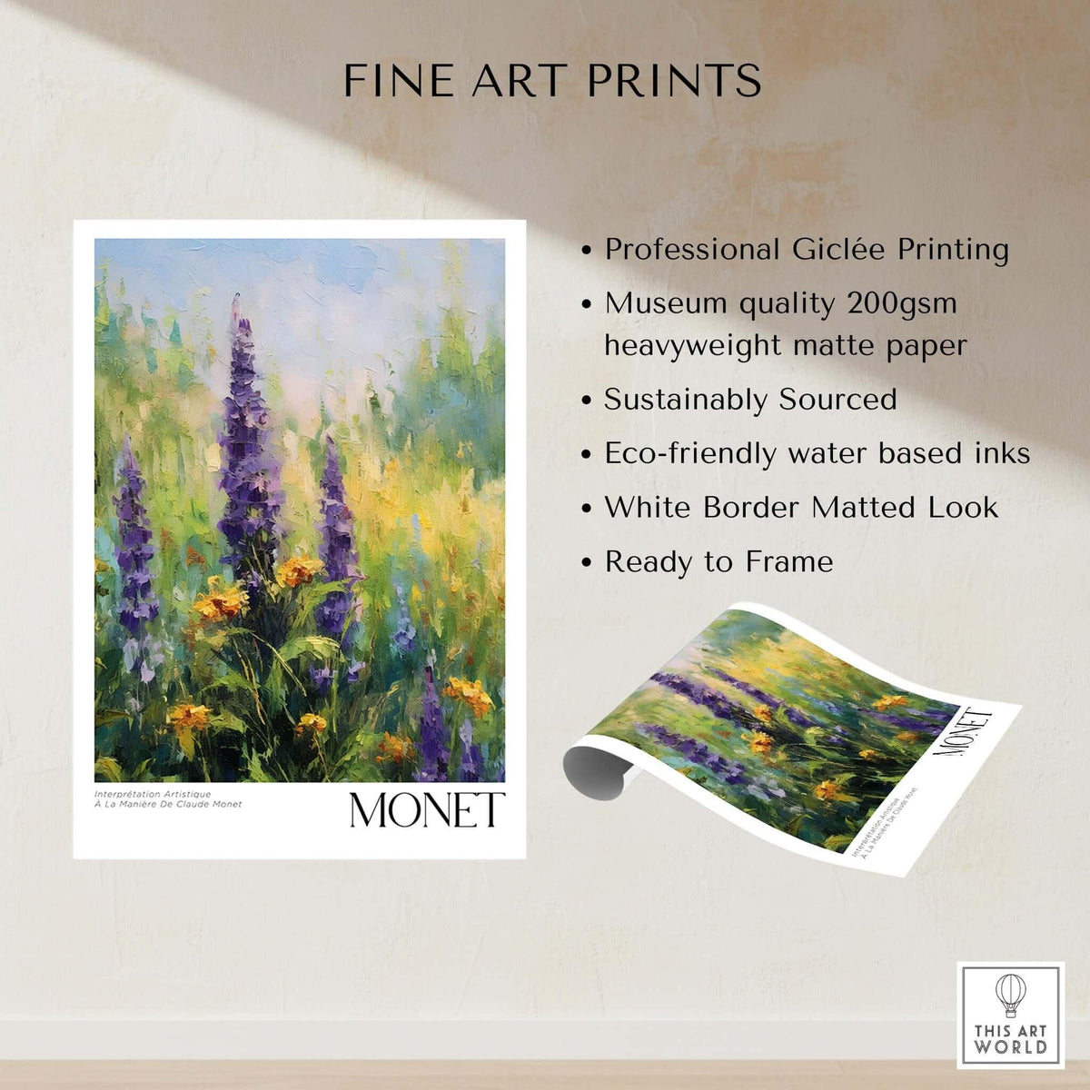 Claude Monet Art Print - Wildflower Meadow Purple Floral Print showcasing vibrant purple wildflowers and lush greenery.