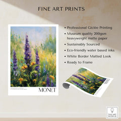 Claude Monet Art Print - Wildflower Meadow Purple Floral Print showcasing vibrant purple wildflowers and lush greenery.