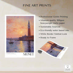 Monet Venice wall art featuring sunset reflection and iconic architecture in vibrant colors, printed on high-quality paper.