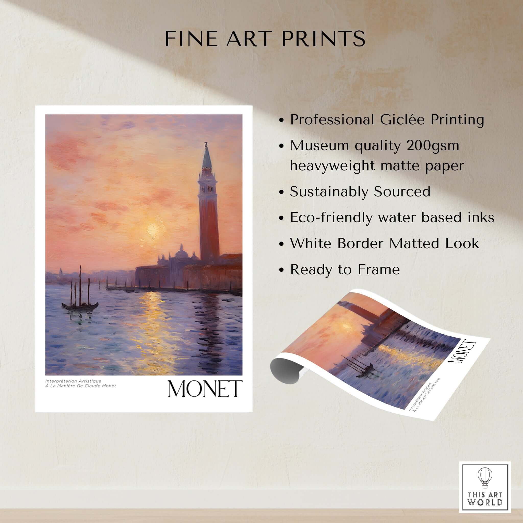 Monet Venice wall art featuring sunset reflection and iconic architecture in vibrant colors, printed on high-quality paper.