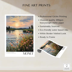 Claude Monet Wall Art Print - Sunset River Poppies featuring serene riverside sunset and blossoming poppies.