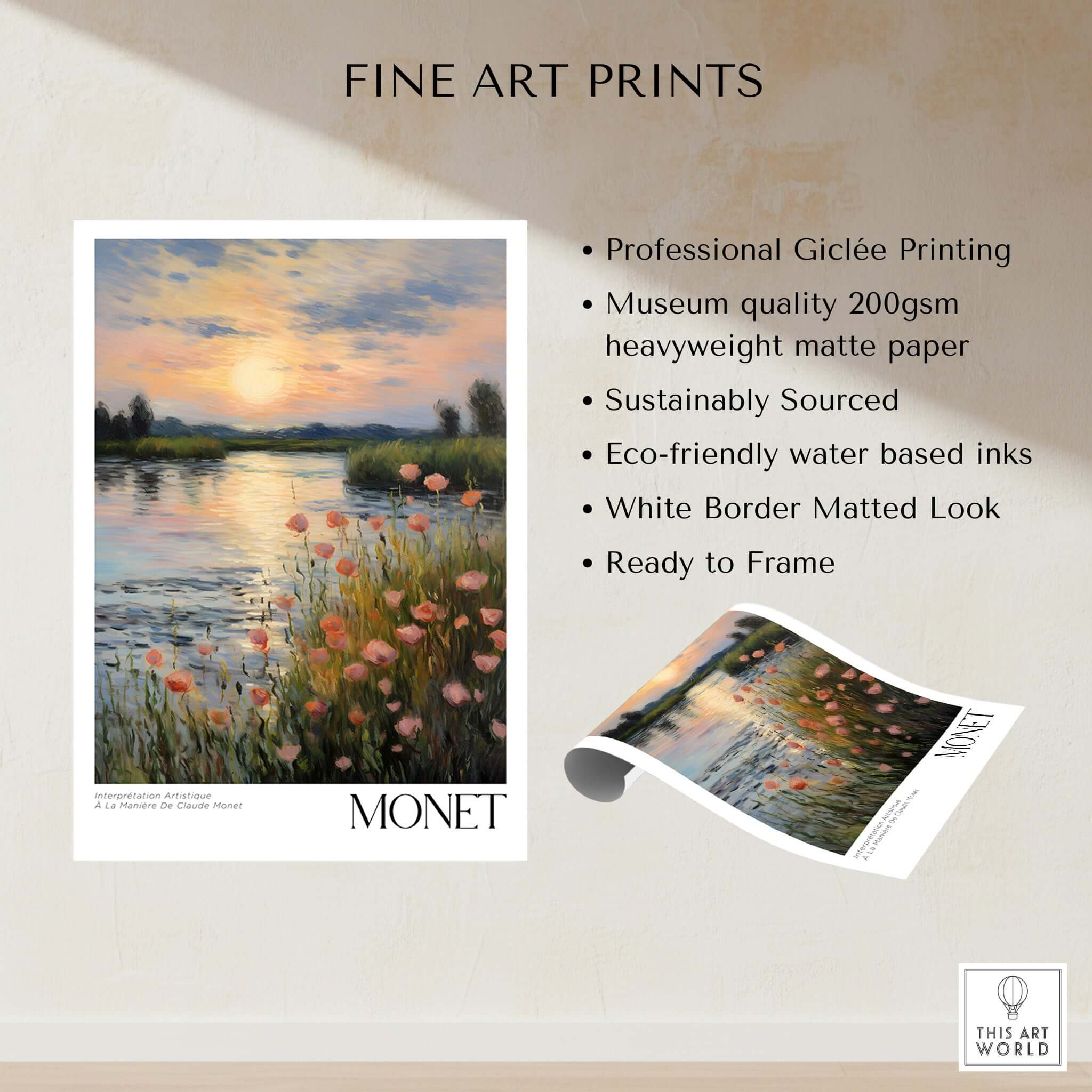 Claude Monet Wall Art Print - Sunset River Poppies featuring serene riverside sunset and blossoming poppies.