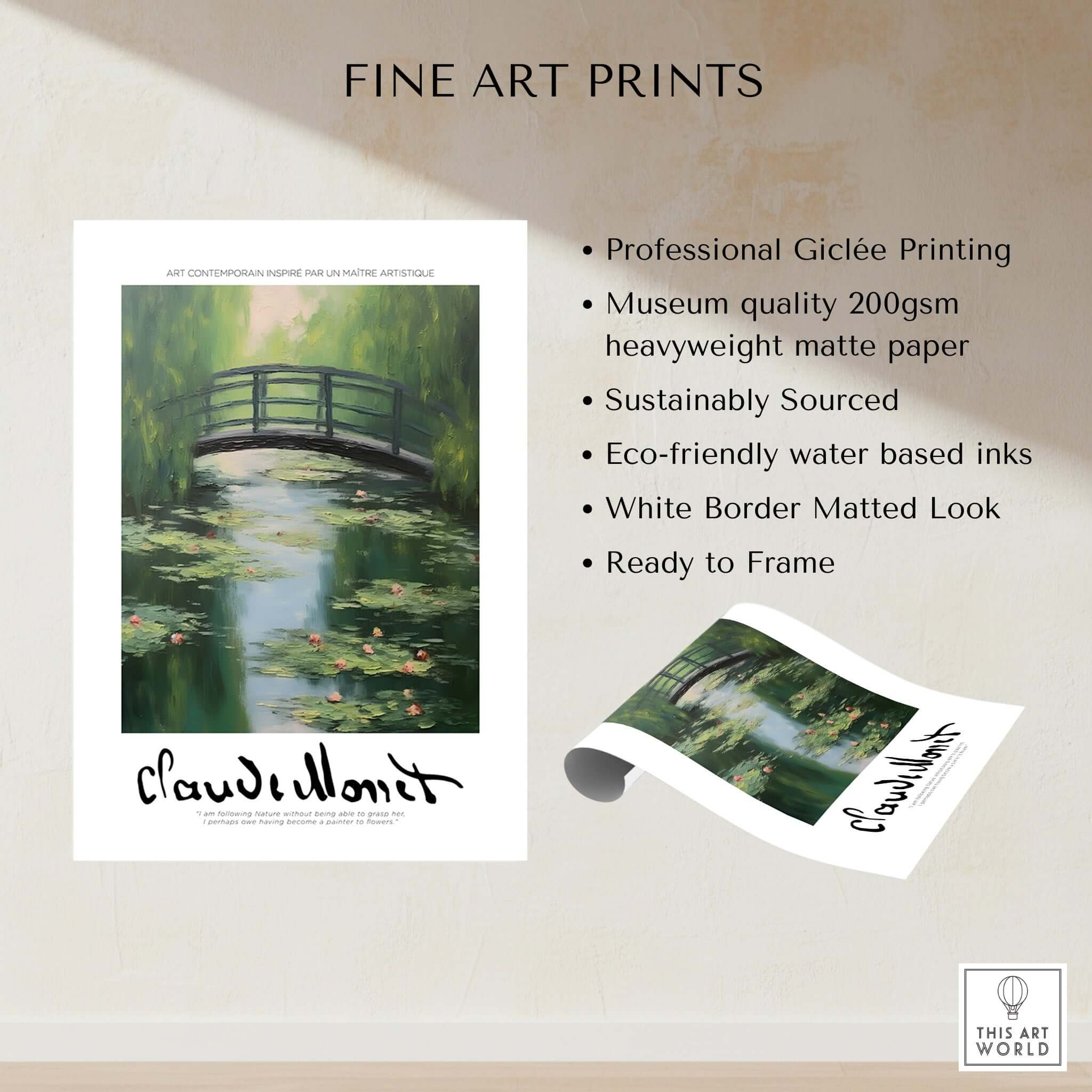 Claude Monet Art Print - Japanese Bridge Monet Water Lilies Print - Garden Pond Wall Art displayed with fine art print details.