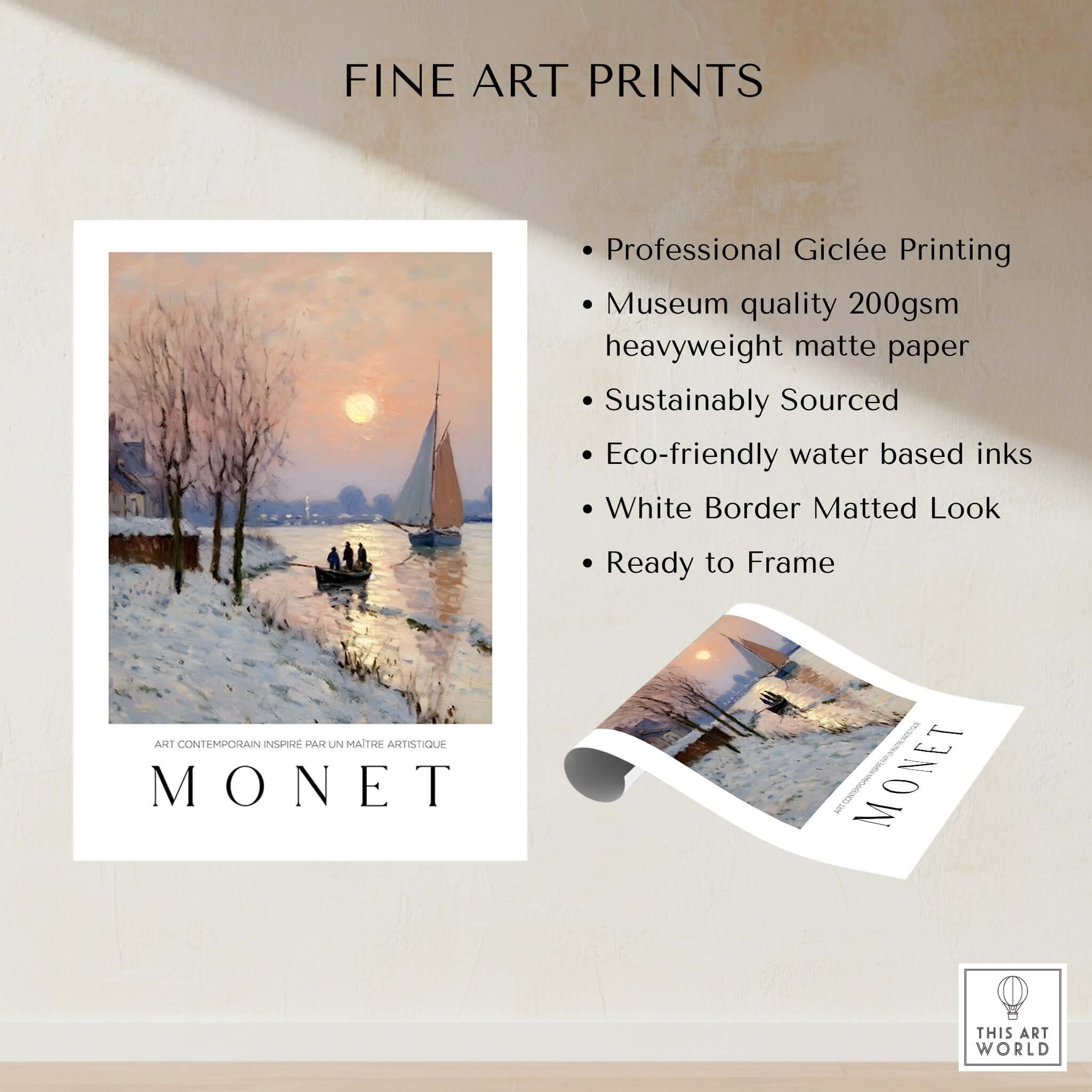Claude Monet Poster - Winter River Sunset Wall Art - Snow Scene Print featuring professional Giclée printing.