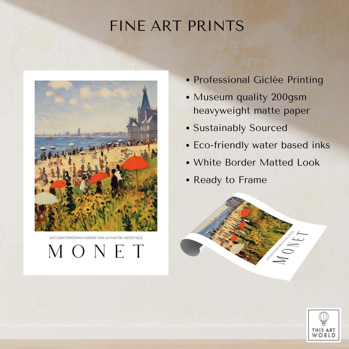 Claude Monet Art Print - Sunny Beach Resort with Flowers Poster showcasing vibrant beach scene and colorful umbrellas.