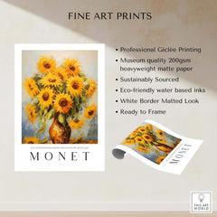 Claude Monet Art Print - Radiant Sunflowers in Vase Wall Art featuring vibrant sunflowers in a vase.