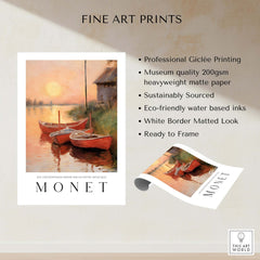 Claude Monet Art Print - Red Boats at Sunset Riverbank Wall Art showcasing vibrant boats and sunset reflections.
