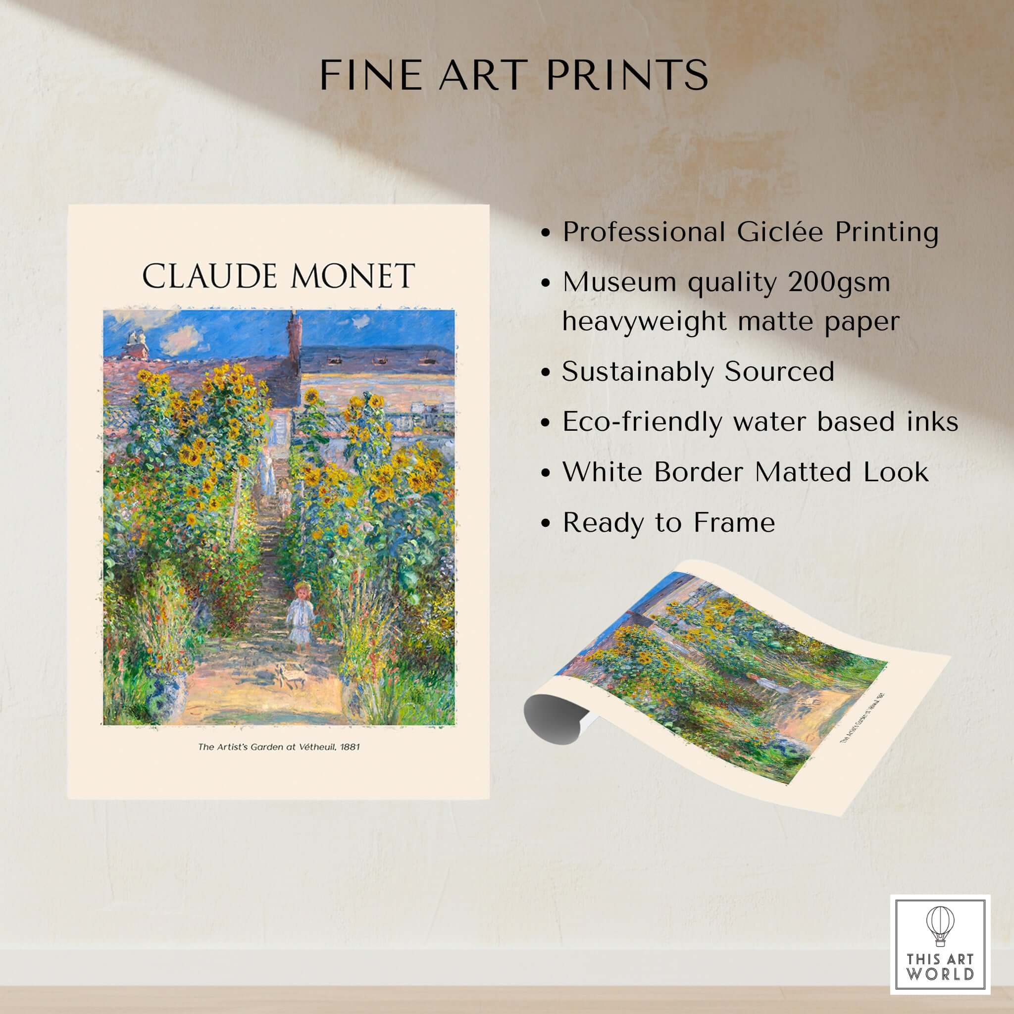 Monet Artists Garden at Vétheuil Sunflowers Impressionist Art Print Poster showcasing vibrant floral garden and figures.