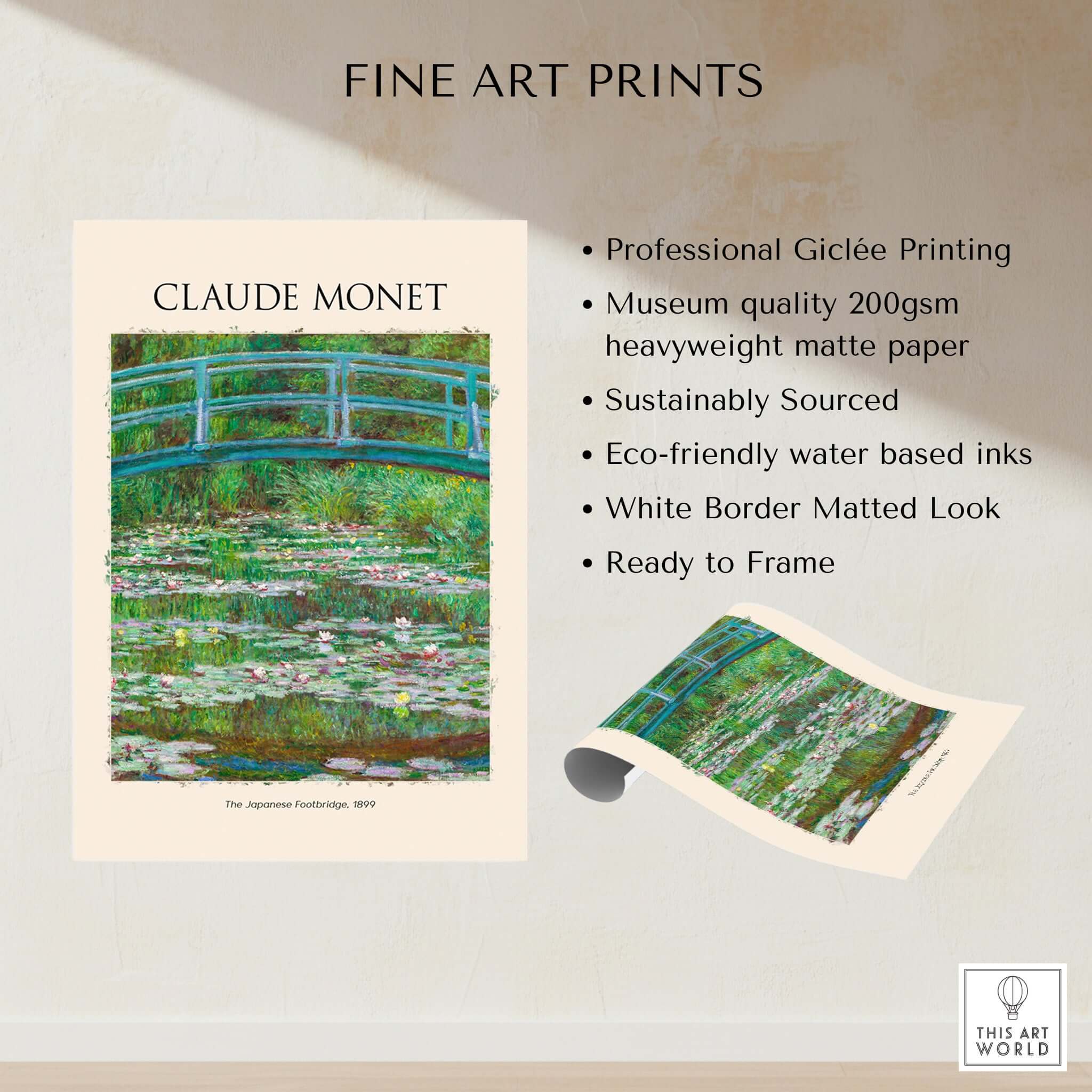 Monet Japanese Footbridge Water Lilies Giverny Garden Poster Art Print showcasing professional Giclée printing and eco-friendly materials.