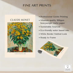 Monet Jerusalem Artichoke Flowers Still Life Floral Art Print Poster showcasing vibrant yellow flowers in a vase.