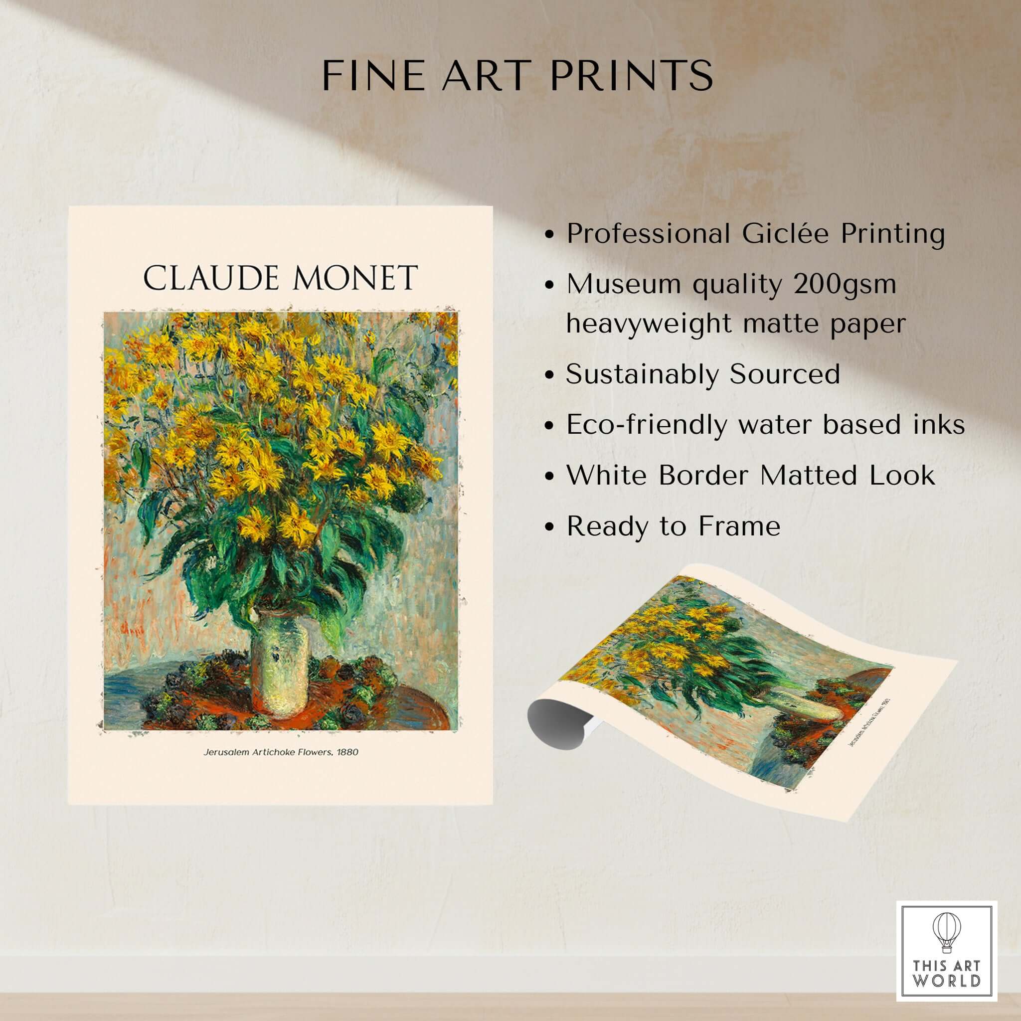 Monet Jerusalem Artichoke Flowers Still Life Floral Art Print Poster showcasing vibrant yellow flowers in a vase.