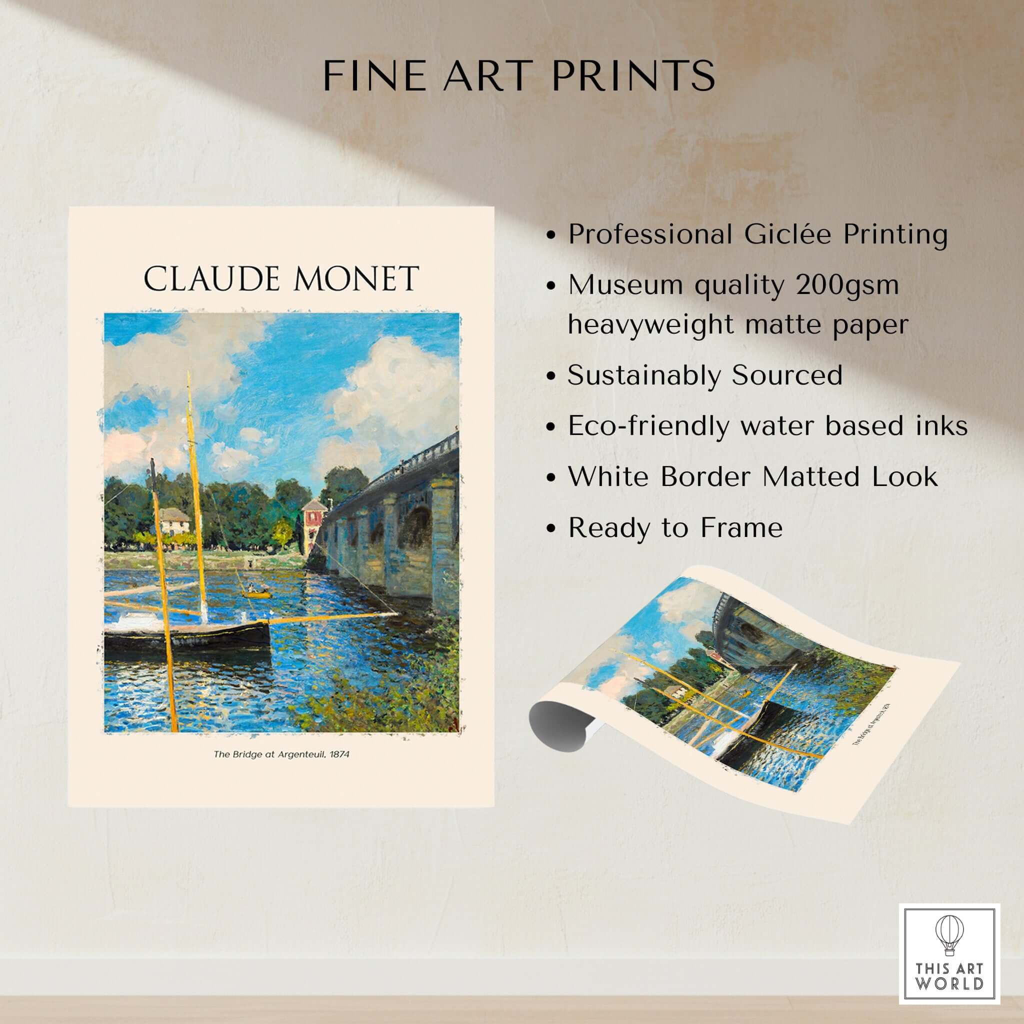 Monet The Bridge at Argenteuil Seine River Landscape Art Print Poster showcasing vibrant Impressionist art.
