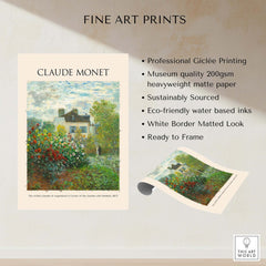Monet Artists Garden Argenteuil Dahlias Floral Impressionist Poster Art Print with vibrant flowers and house.