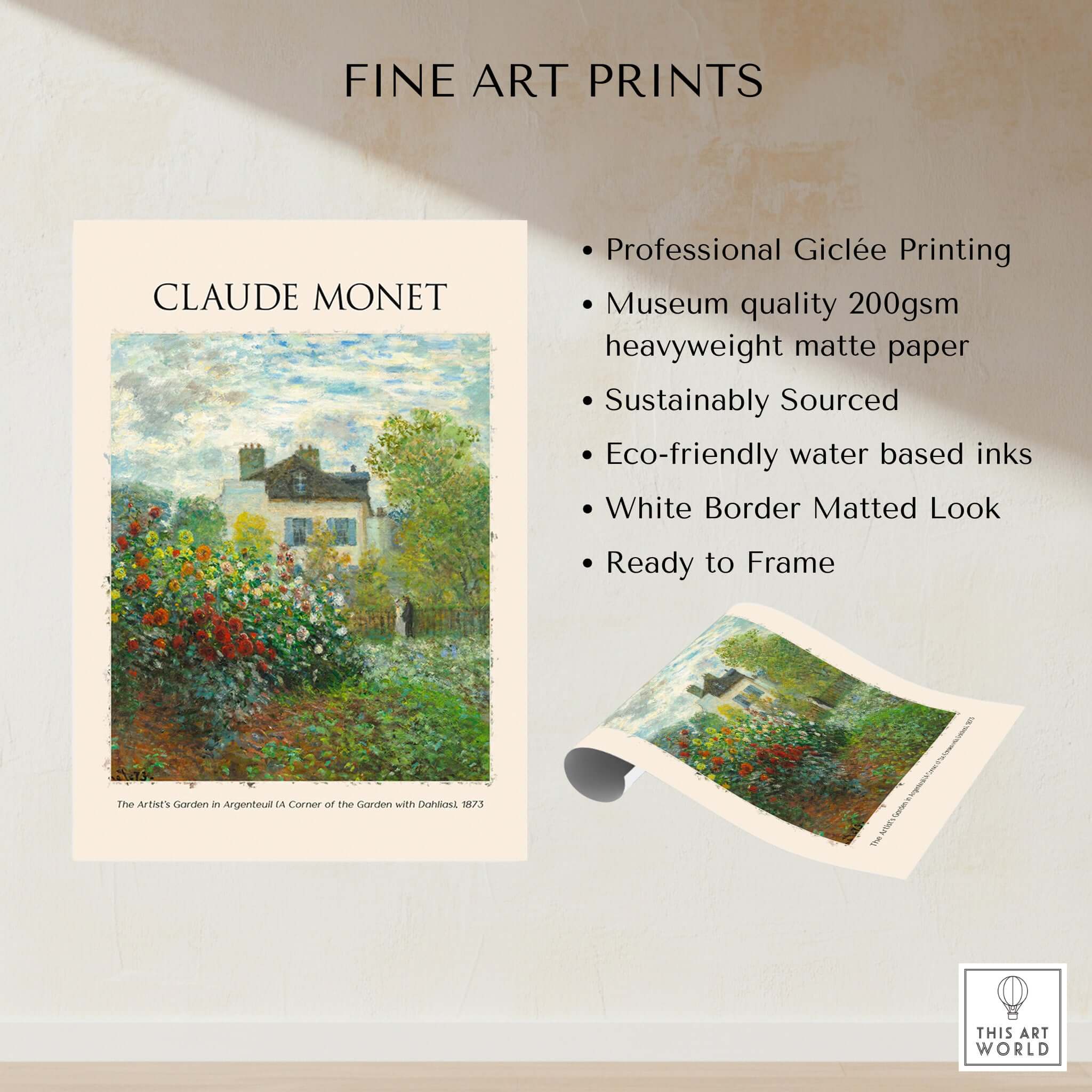 Monet Artists Garden Argenteuil Dahlias Floral Impressionist Poster Art Print with vibrant flowers and house.