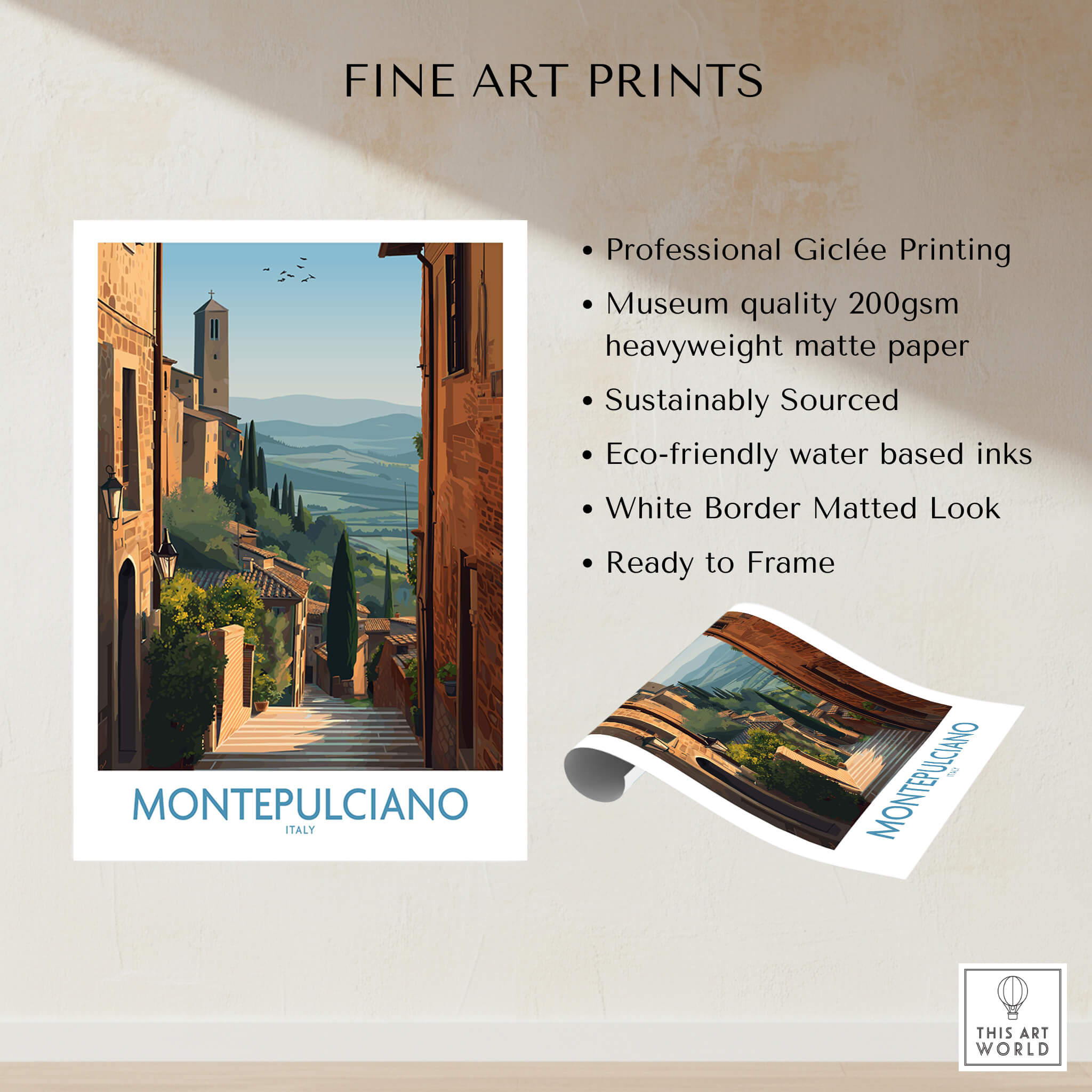 Montepulciano Italy Poster | Tuscany Landscape Vineyard Canvas Print showcasing professional Giclée printing and eco-friendly materials.