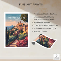 Montepulciano Italy Travel Poster | Tuscan Sunset Wall Art Print showcasing stunning hilltop town in amber light.