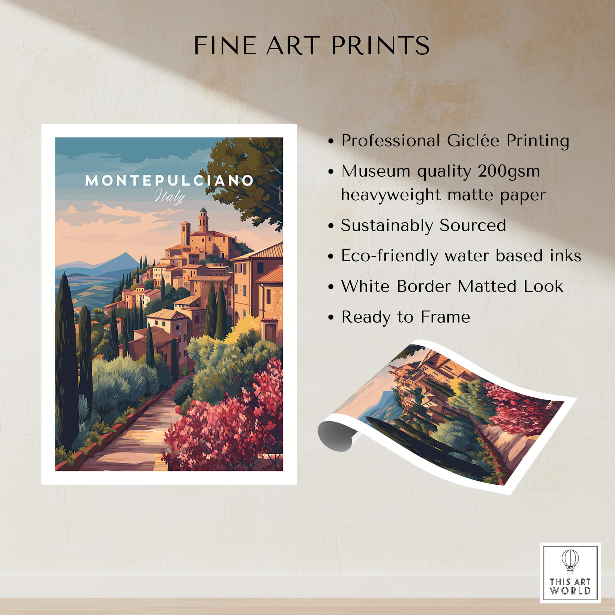 Montepulciano Italy Travel Poster | Tuscan Sunset Wall Art Print showcasing stunning hilltop town in amber light.