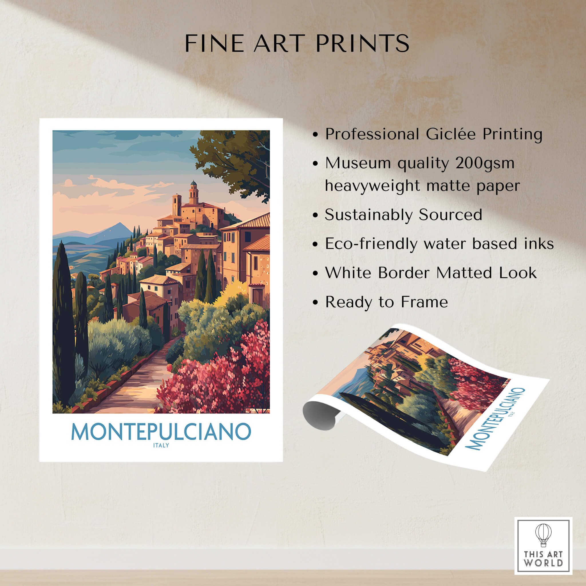 Montepulciano Italy Canvas Print | Italian Sunset Landscape Poster. Stunning fine art print showcasing Tuscan charm.