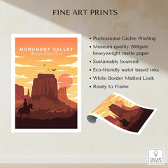 Monument Valley Navajo Tribal Park fine art print with cowboy silhouette, sunset, and desert landscape.