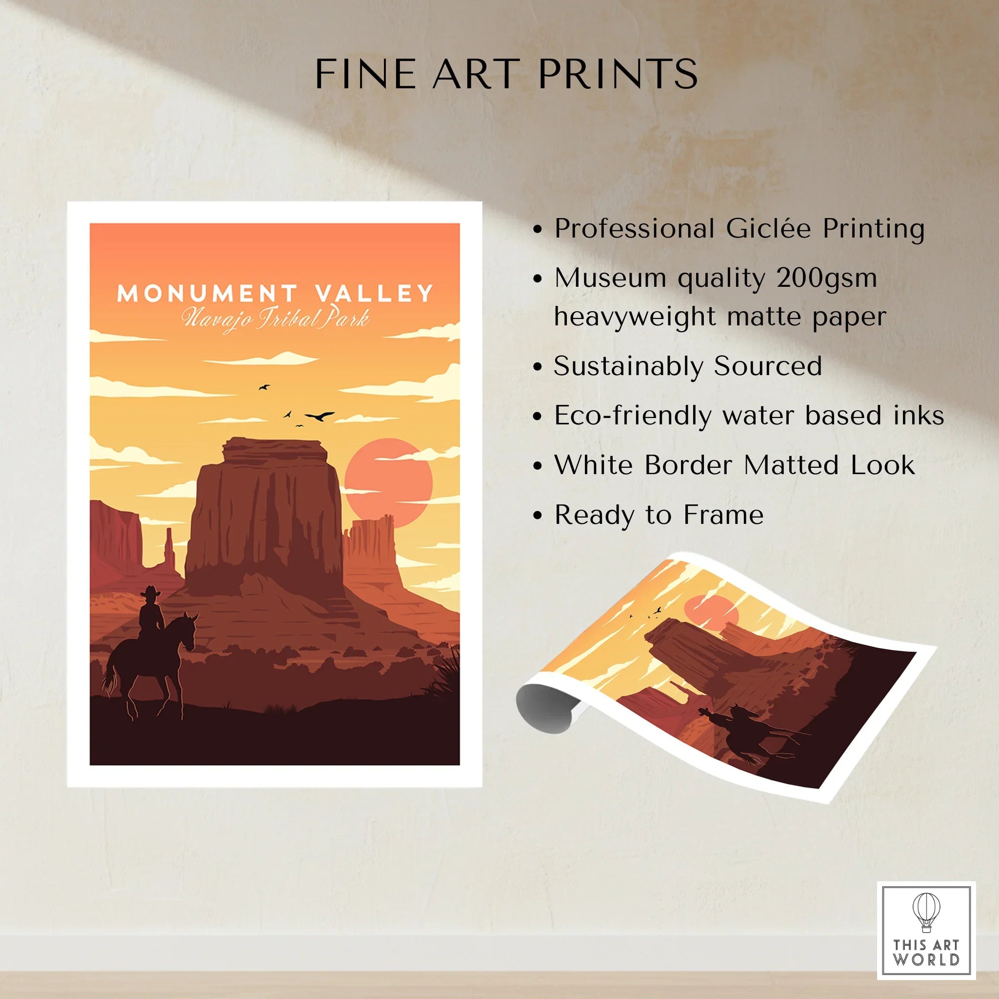 Monument Valley Navajo Tribal Park fine art print with cowboy silhouette, sunset, and desert landscape.