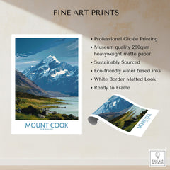 Mount Cook New Zealand Poster | Southern Alps Mountain Canvas Print showcasing the majestic peak and surrounding landscape.