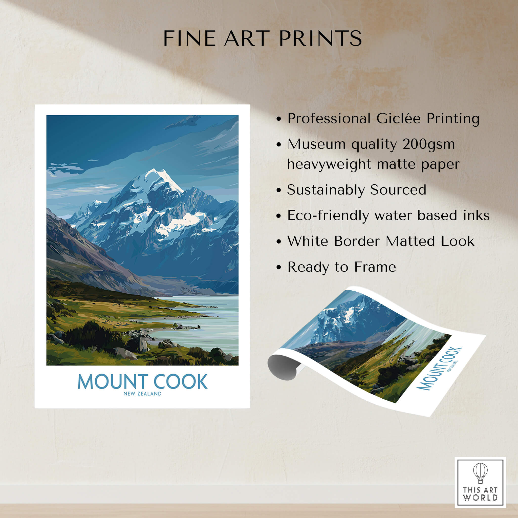 Mount Cook New Zealand Poster | Southern Alps Mountain Canvas Print showcasing the majestic peak and surrounding landscape.