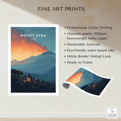Mount Etna Italy travel poster fine art print with sunset sky and mountain landscape