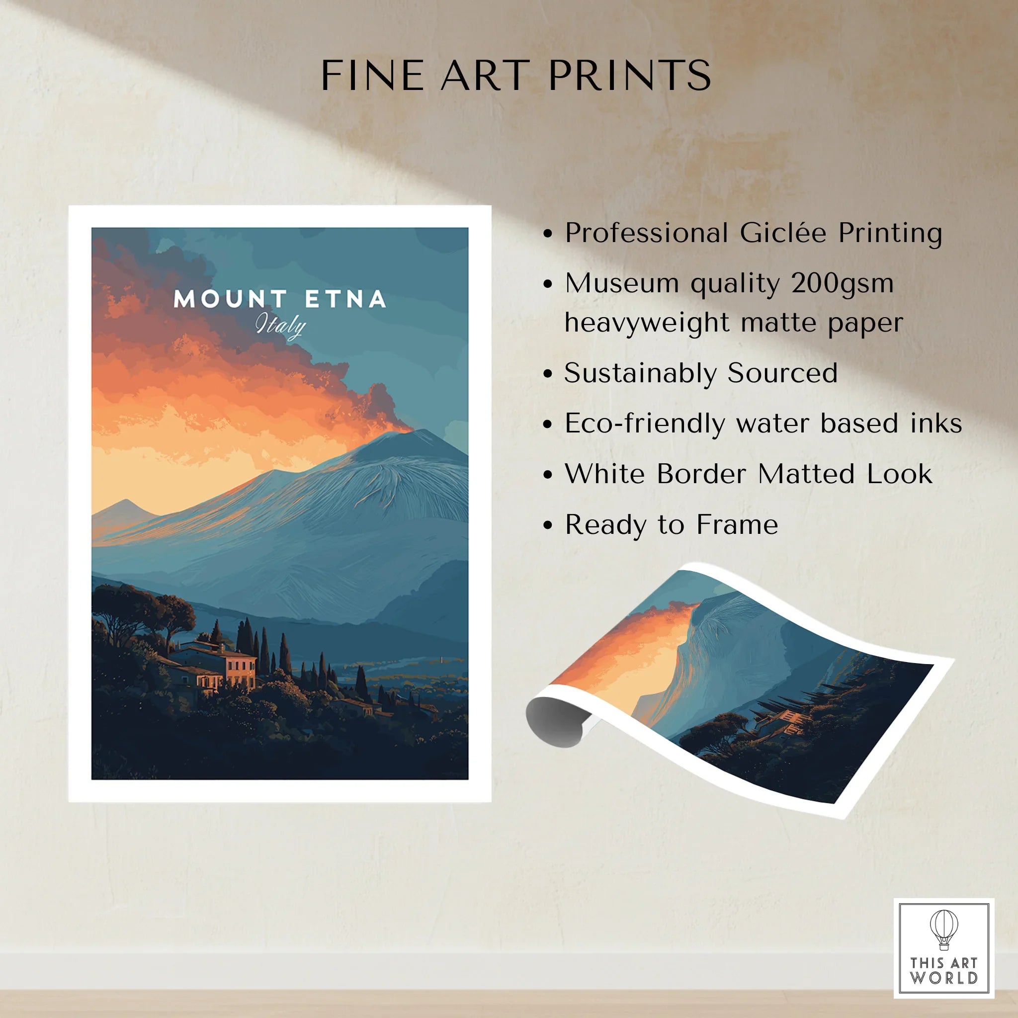 Mount Etna Italy travel poster fine art print with sunset sky and mountain landscape