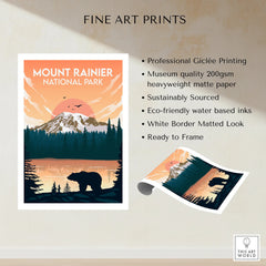 Mount Rainier National Park art print with bear silhouette, forest, mountain, and sunset.