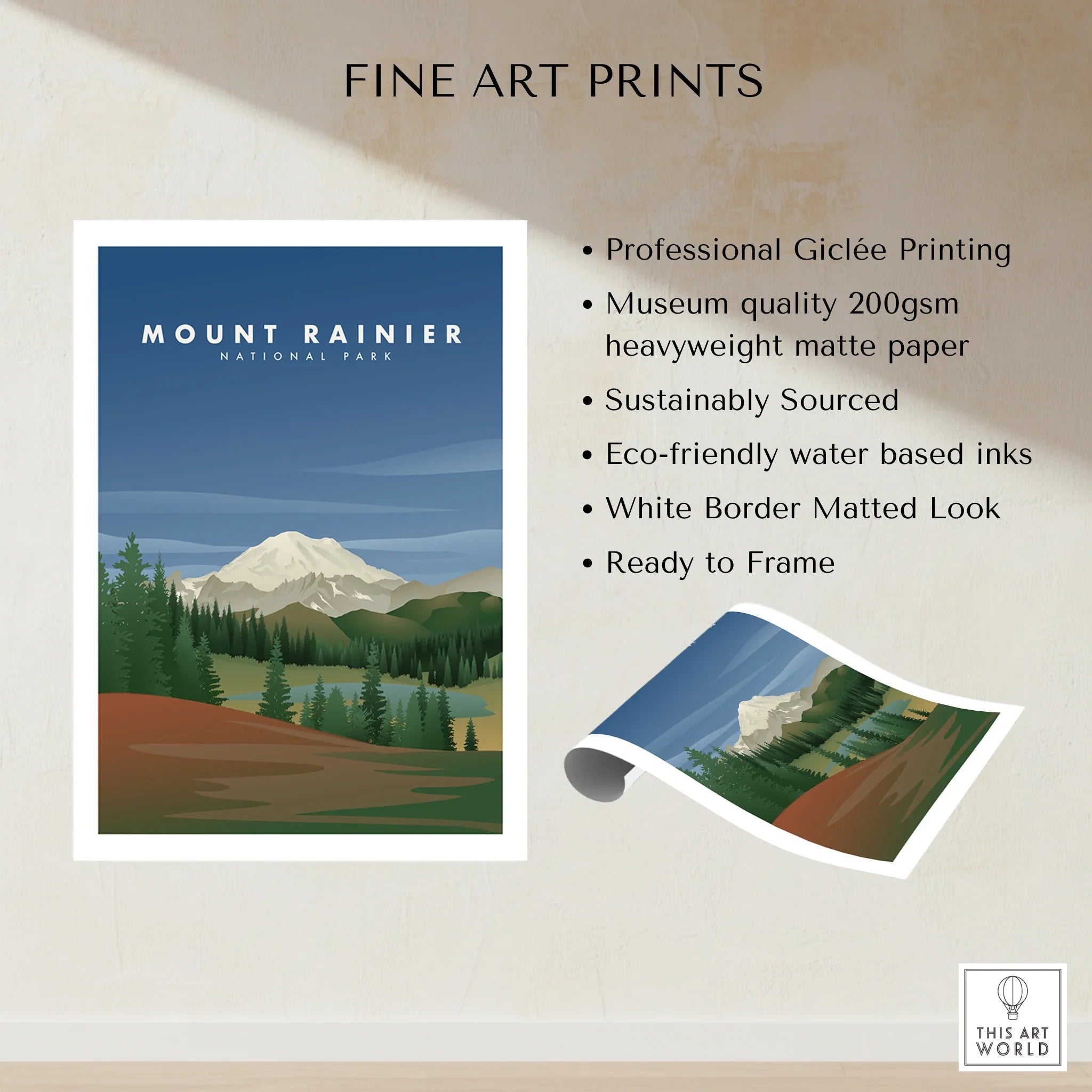 Mount Rainier National Park fine art print, unframed, with mountain and pine forest illustration.