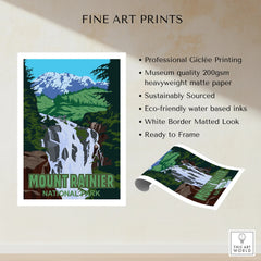 Mount Rainier National Park art print with waterfall, forest, and mountain landscape, unframed.