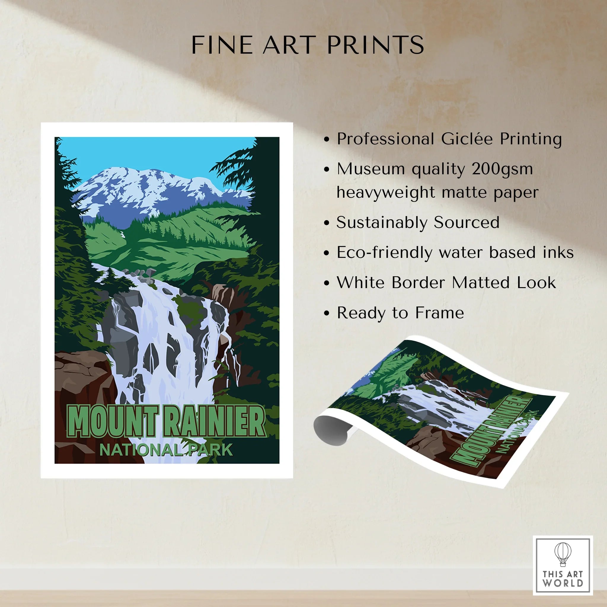 Mount Rainier National Park art print with waterfall, forest, and mountain landscape, unframed.