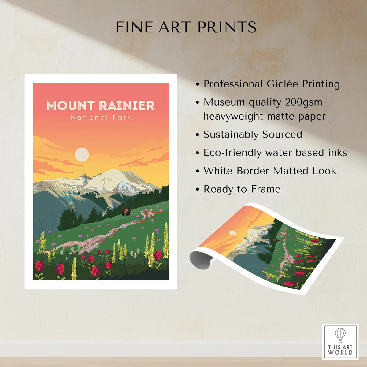 Mount Rainier National Park art print, sunrise, wildflowers, snow-capped mountains, unframed