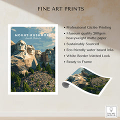 Mount Rushmore Wall Art Print | American Landmark Travel Poster showcasing presidential faces and scenic South Dakota landscape.
