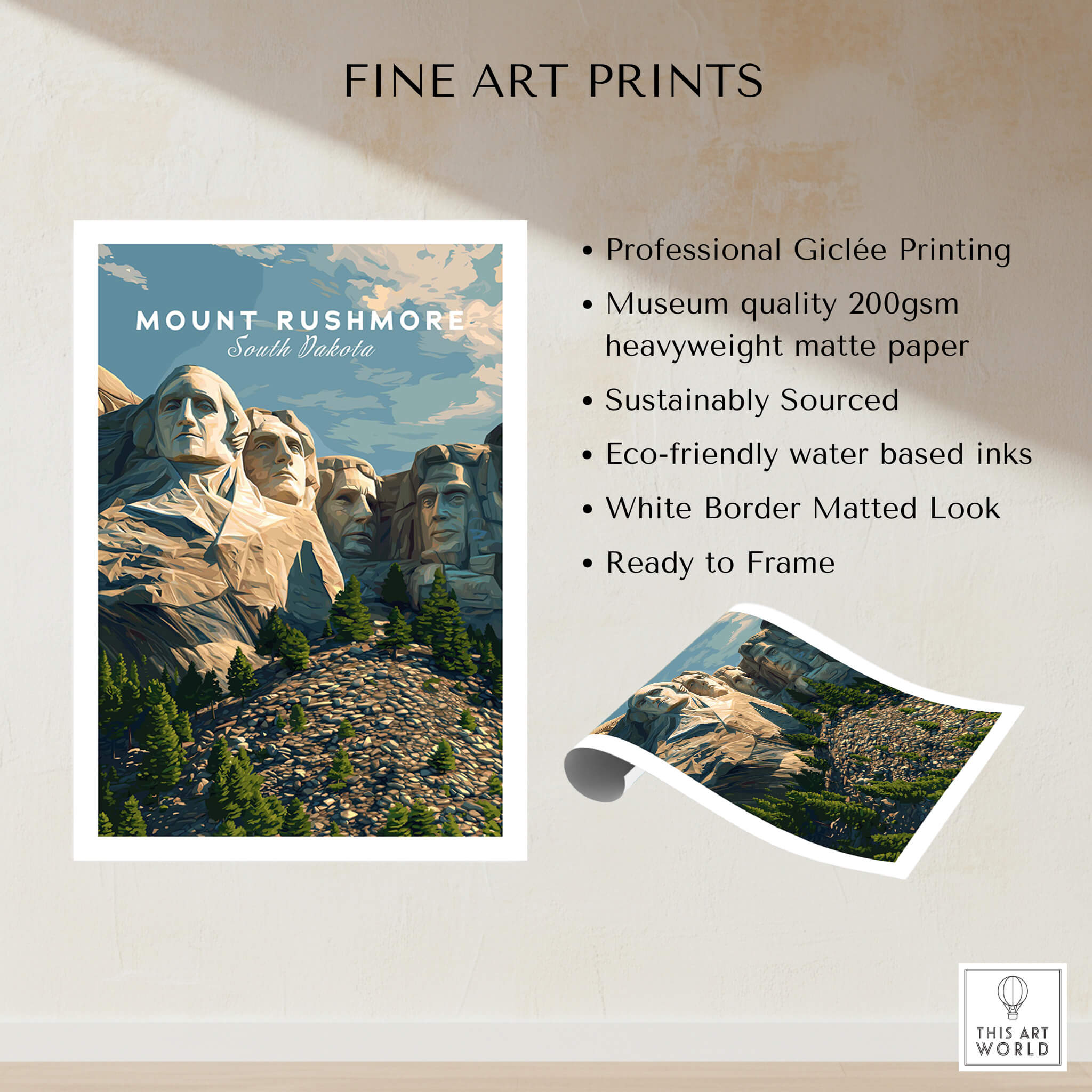 Mount Rushmore Wall Art Print | American Landmark Travel Poster showcasing presidential faces and scenic South Dakota landscape.