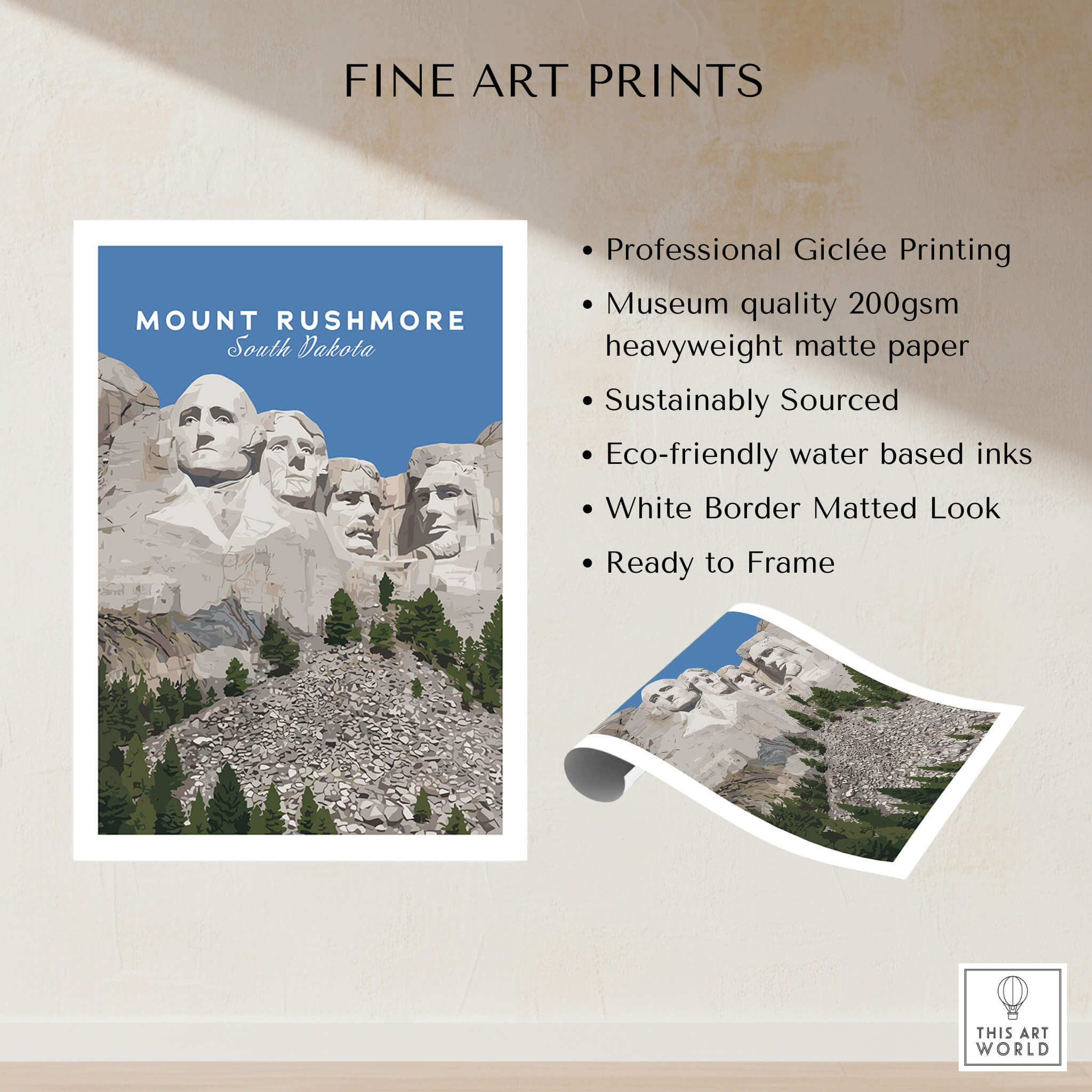 Mount Rushmore Print | National Memorial Wall Art featuring professional Giclée printing and eco-friendly materials.