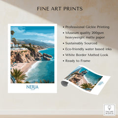 Nerja Spain Poster | Mediterranean Beach Landscape Canvas Print showcasing a coastal view and palm trees.
