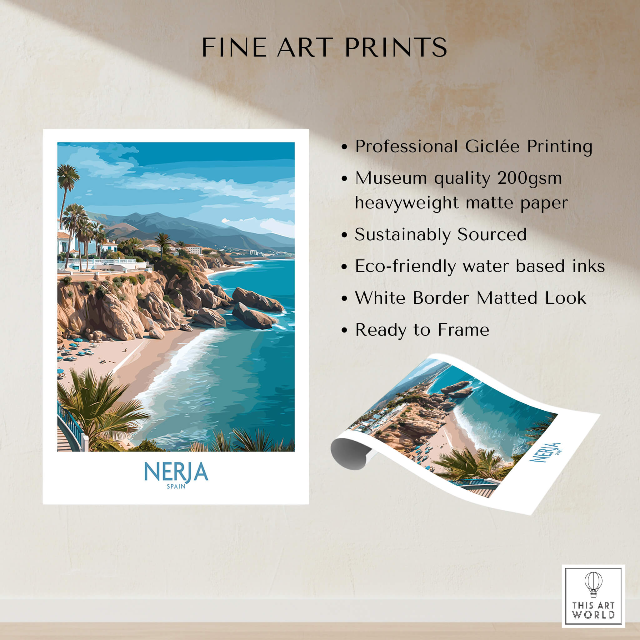Nerja Spain Poster | Mediterranean Beach Landscape Canvas Print showcasing a coastal view and palm trees.