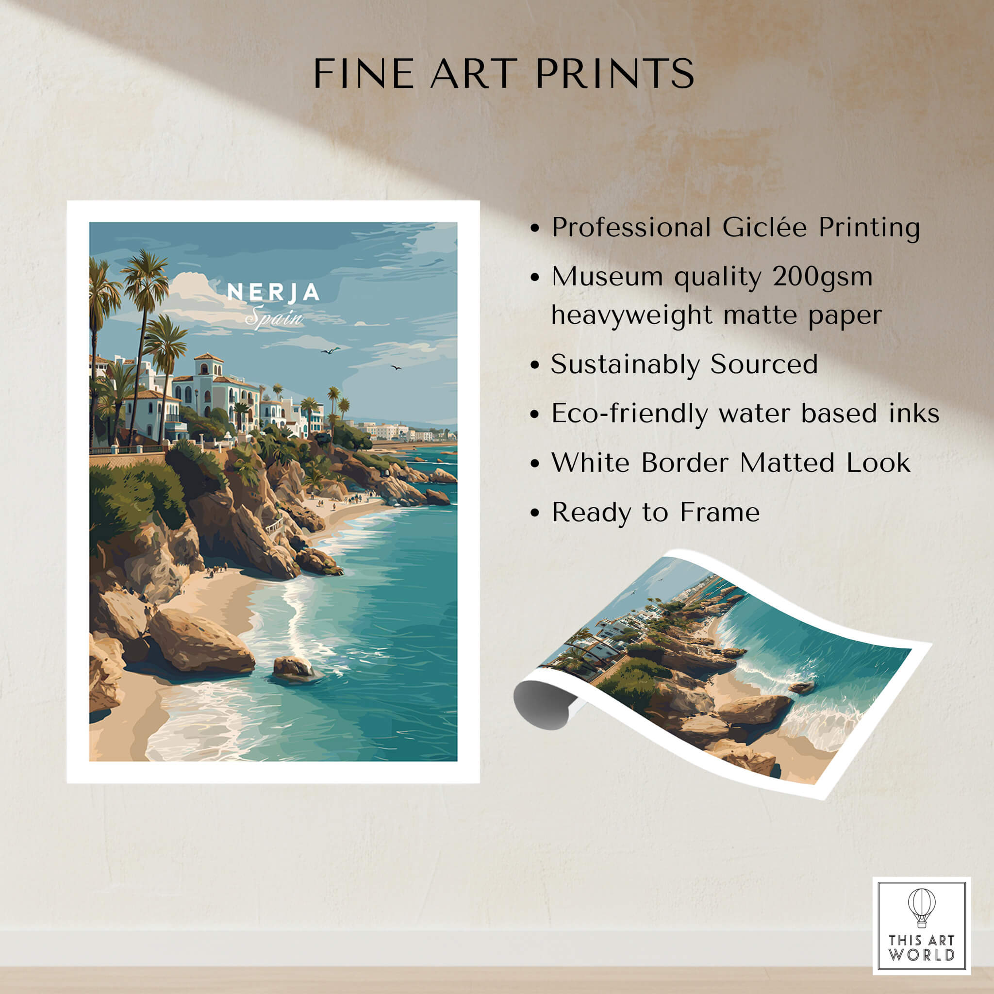 Nerja Spain Wall Art Print | Mediterranean Travel Poster showcasing coastal cliffs and turquoise waters.