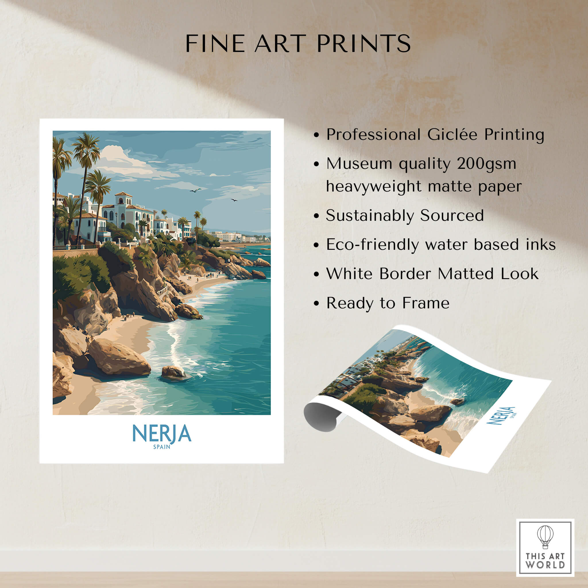 Nerja Spain Poster | Spanish Village Canvas Print showcasing stunning coastline and traditional architecture.