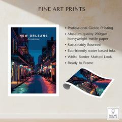 New Orleans Travel Poster | Bourbon Street Night Wall Art Print showcasing vibrant nightlife and charming architecture.